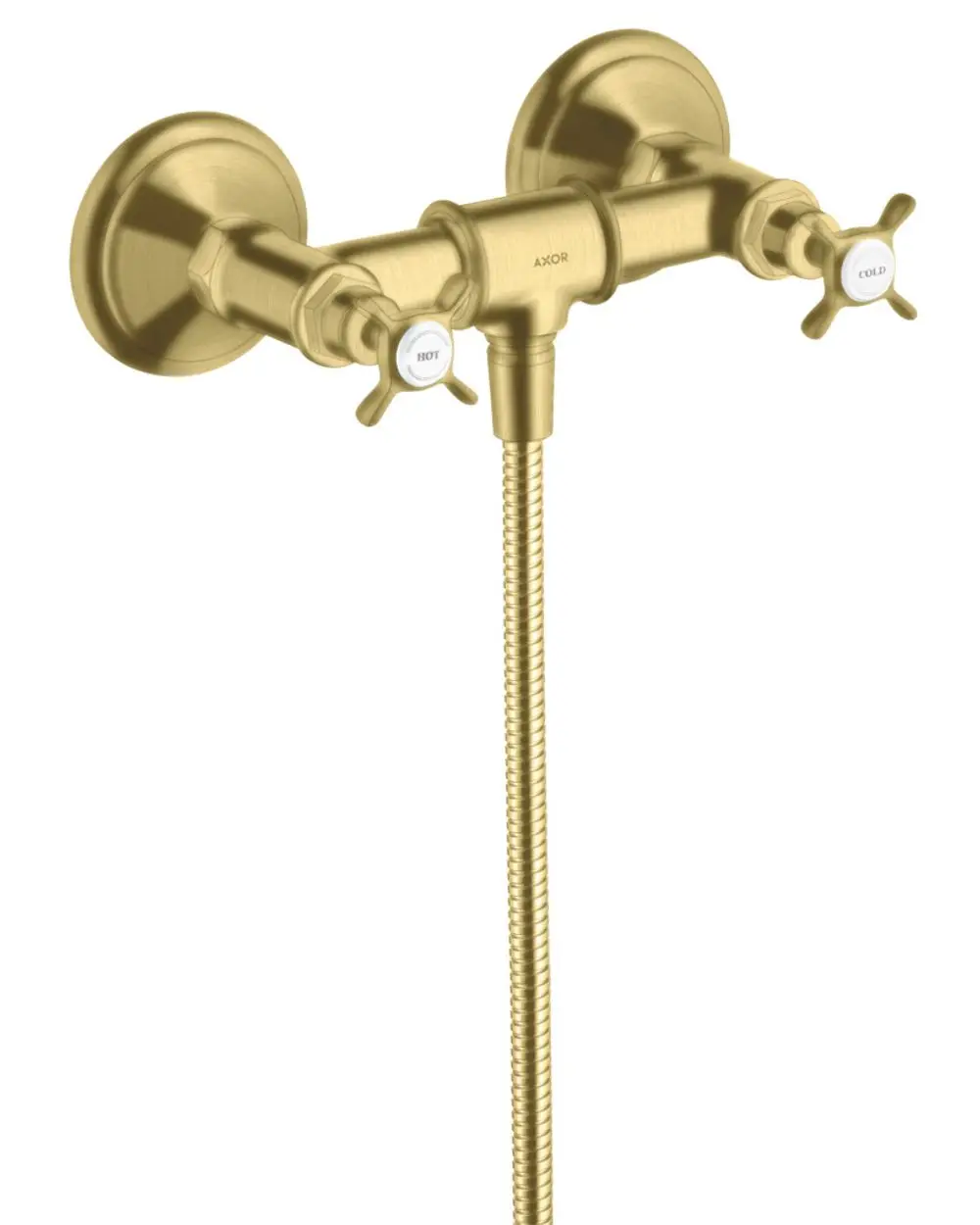 Brausearmatur mit zwei Kreuzgriffen in gebürstetem Messing von AXOR. Die Armatur hat separate Regler für heißes und kaltes Wasser. Flexible Schlauchverbindung.